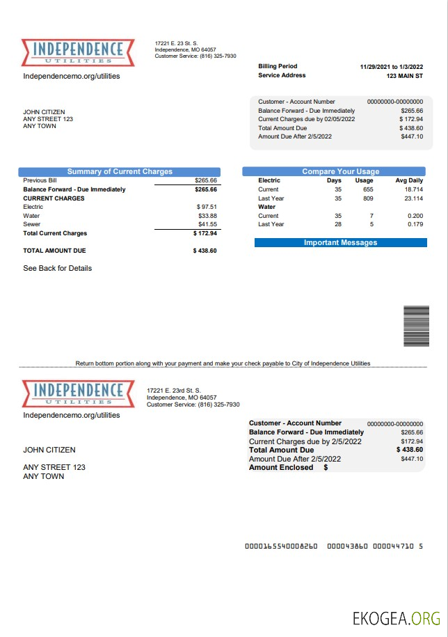 Usa Missouri independence utilities utility bill template in word and pdf format template
